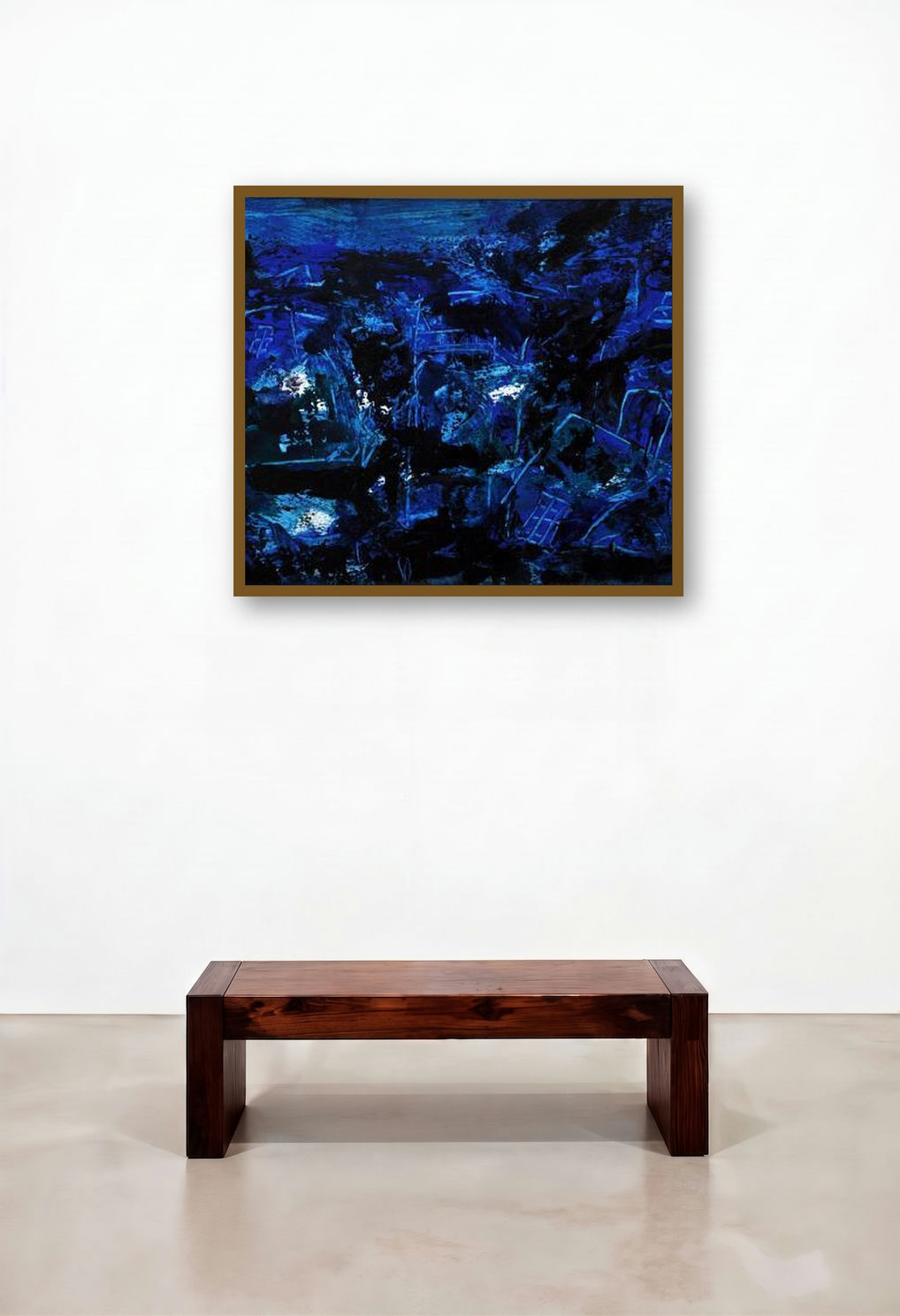 Blue Magic Abstract (Midnight Depths) by artist Asit Poddar displayed in a Mid-Century Modern Hotel Suite