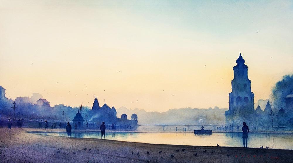 Cityscape watercolor painting titled 'Blue Morning 7', 24x44 inches, by artist Nilesh Bharti on Paper