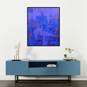 Ns Art's 'Blue Patterns (Twilight Reverie)' painting visualized above a sofa in a contemporary room.