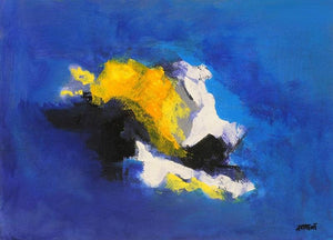Blue Ride I (Sapphire Serenity) by Sadhna Raddi, Original Acrylic Abstract Painting on Paper, Small Horizontal Wall Art