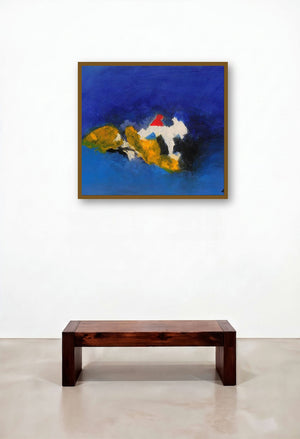 Blue Ride Ii (Azure Dreamscape) by artist Sadhna Raddi displayed in a Modern Family Room