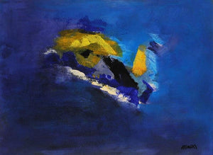 Blue Ride V (Indigo Dreams) by Sadhna Raddi, Original Acrylic Abstract Painting on Paper, Small Horizontal Wall Art