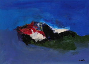 Blue Ride Vi (Majestic Ascent) by Sadhna Raddi, Original Acrylic Abstract Painting on Paper, Small Horizontal Wall Art