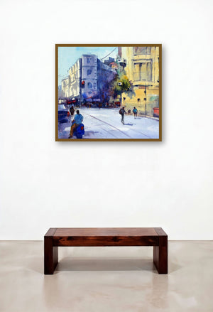 Blue Scooter by artist Ravee Songirkar displayed in a Japandi Living Room