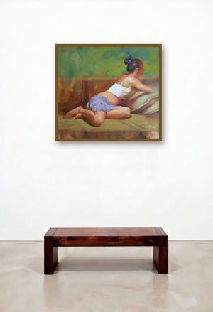Blue Skirt 2 by artist Ganesh Hire displayed in a Mid-Century Modern Bedroom