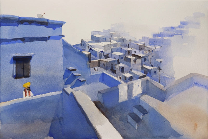Blue Squares Jodhpur In Perspective' cityscape watercolor painting by artist Prashant Prabhu, 15x22 inch, on archival paper