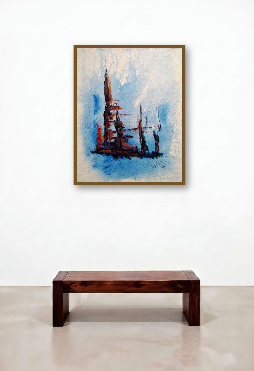 Blue Temple (Urban Dreamscape) by artist Trapti Porwal displayed in a Japandi Bedroom