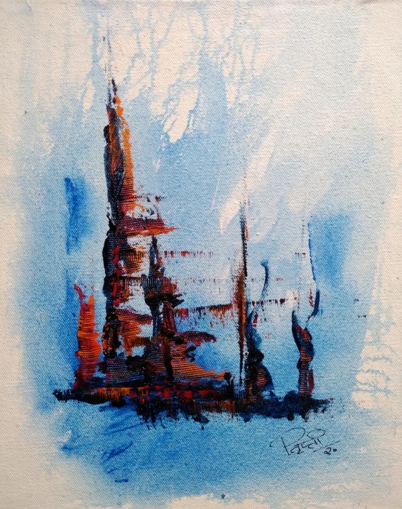 Religious acrylic painting titled 'Blue Temple', 15x12 inches, by artist Trapti Porwal on Canvas