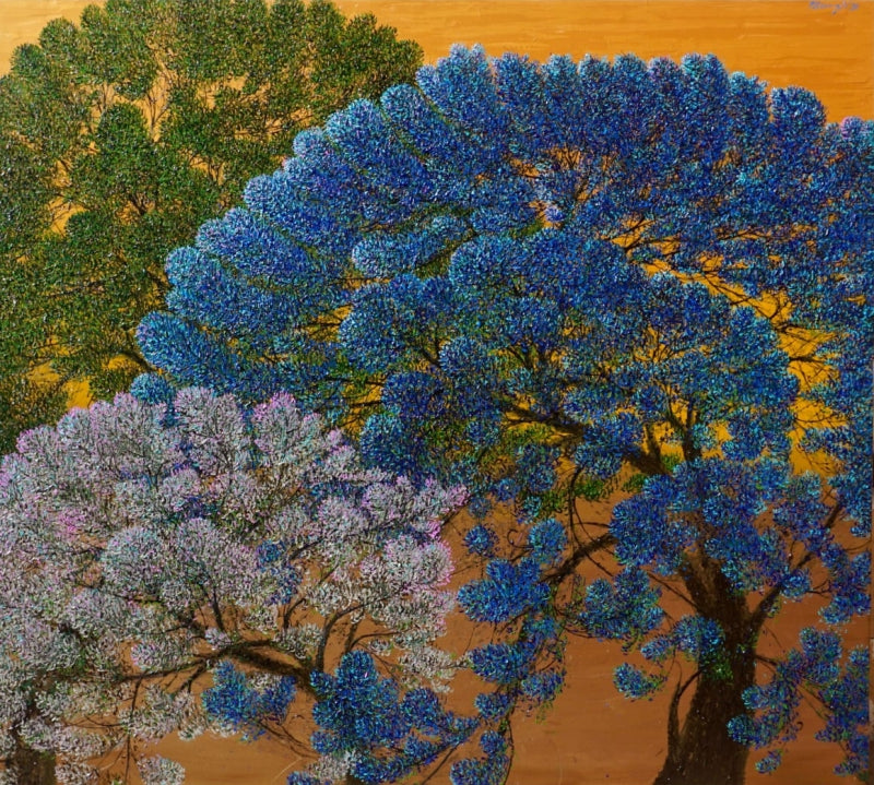 'Blue Tree' nature oil painting by artist Pardeep Singh, 54x60 inch, on canvas
