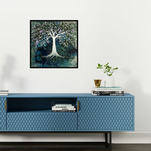 Preview of 'Blue Tree' Painting by Shuchi Khanna shown on a wall in a furnished room.