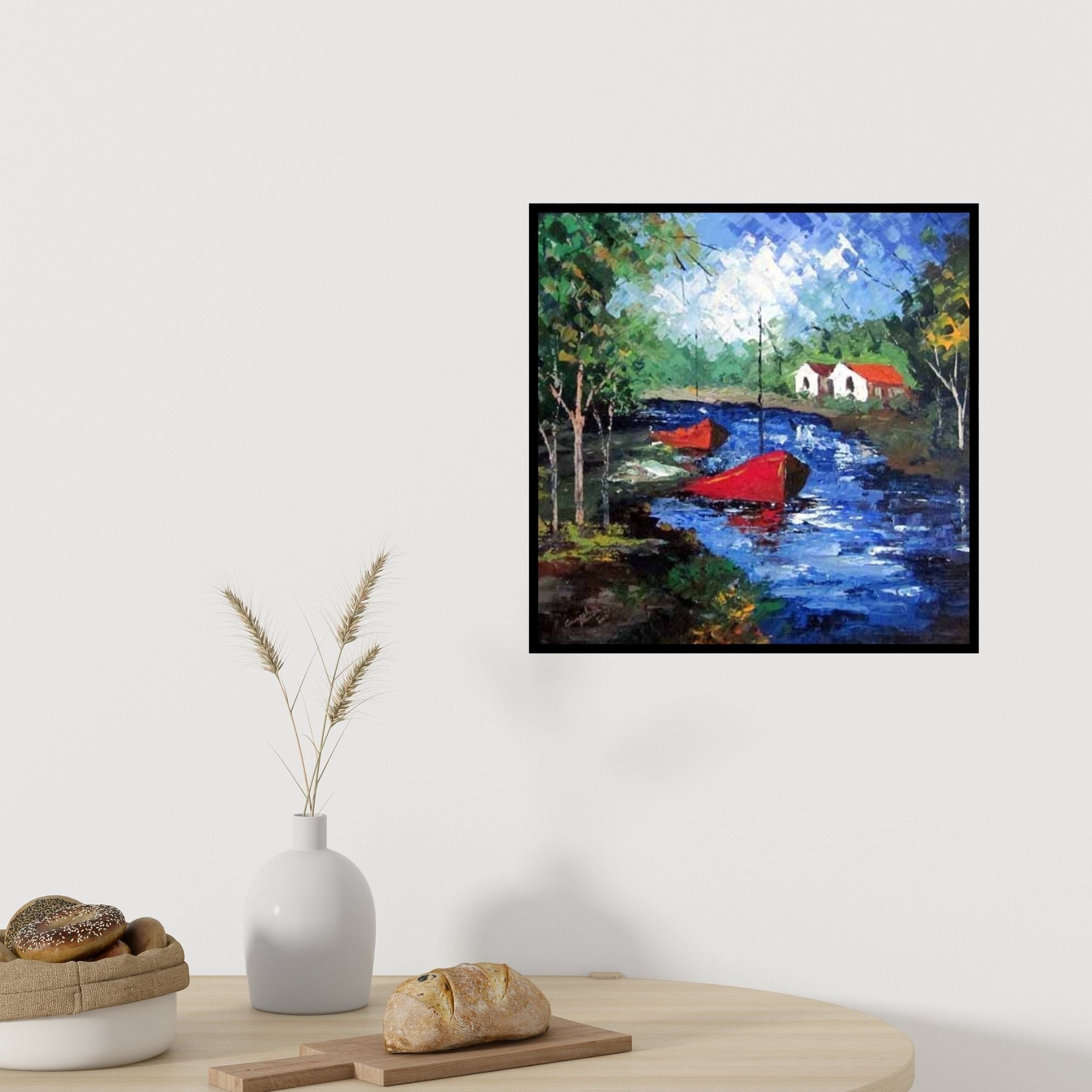 In-situ view of Ganesh Panda's 'Blue Water' painting in a room