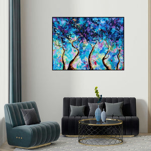 Bahadur Singh's 'Blue Winter' painting visualized above a sofa in a contemporary room.