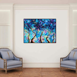 'Blue Winter' painting by Bahadur Singh shown on a wall in a furnished room.