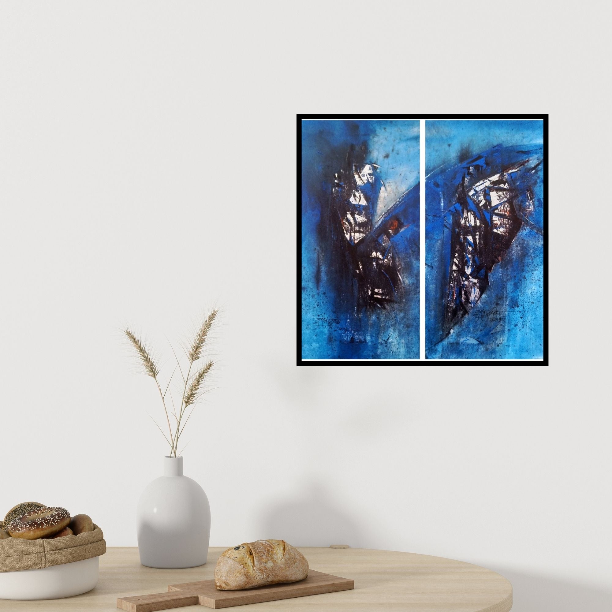 In-situ view of Dnyaneshwar Dhavale's 'Blue18 (Dualities of the Soul)' painting in a room