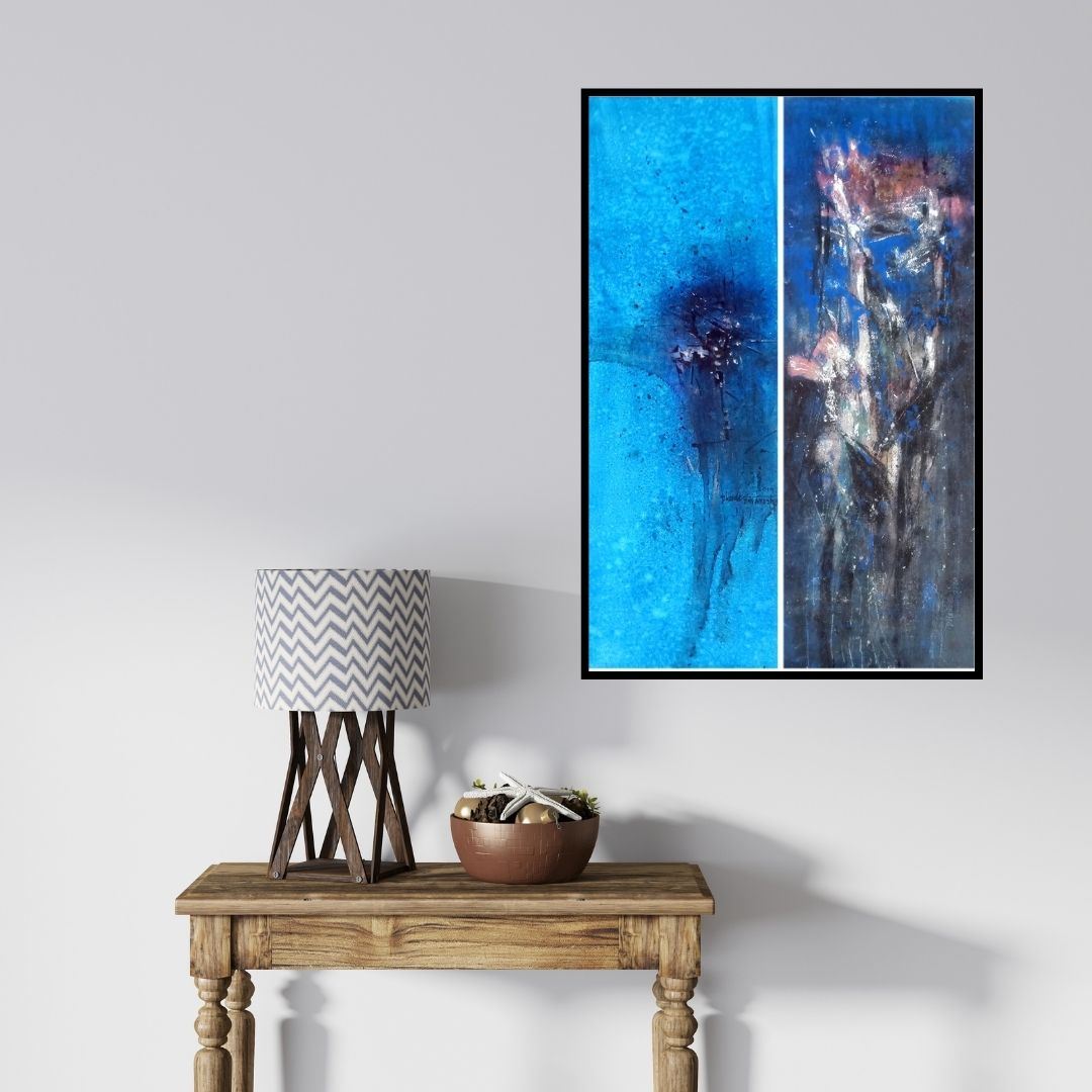 In-situ view of Dnyaneshwar Dhavale's 'Blue 20 (Azure Depths)' painting in a room