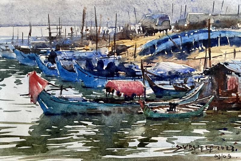 Boat 10' seascape watercolor painting by artist Amol Dubhele, 12x14 inch, on paper