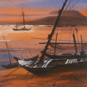 Boat 18 (Golden Hour) by Ganesh Hire, Original Watercolor Nature Painting on Paper, X-Small Square Wall Art