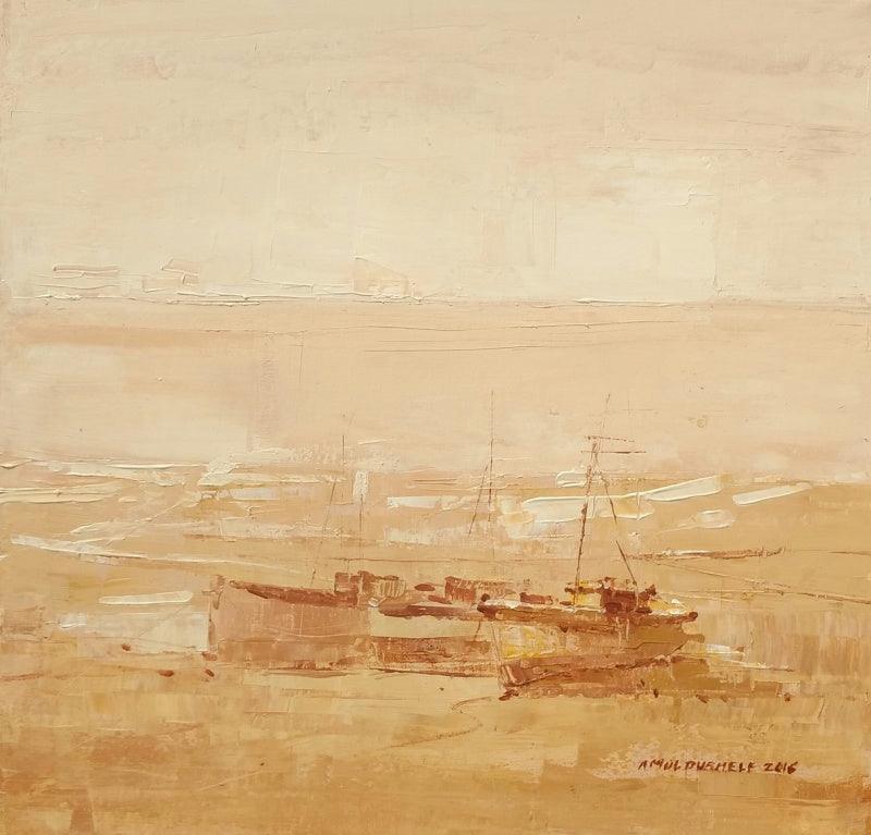 Seascape watercolor painting titled 'Boat 2', 24x24 inches, by artist Amol Dubhele on Paper