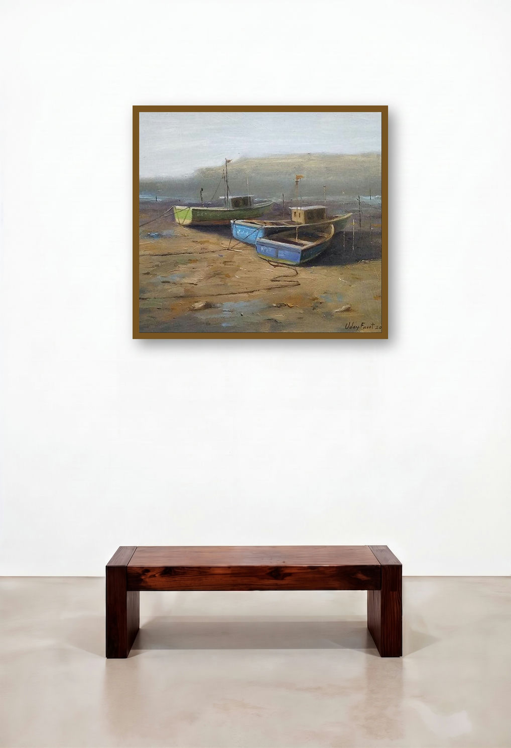 Boat 4 (Tide's Retreat) by artist Uday Farat displayed in a Coastal Reception Area