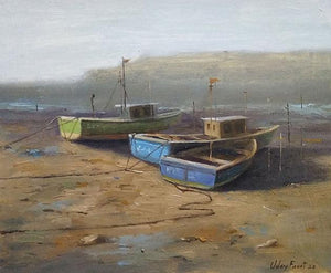 Seascape oil painting titled 'Boat 4', 14x16 inches, by artist Uday Farat on Mount Board
