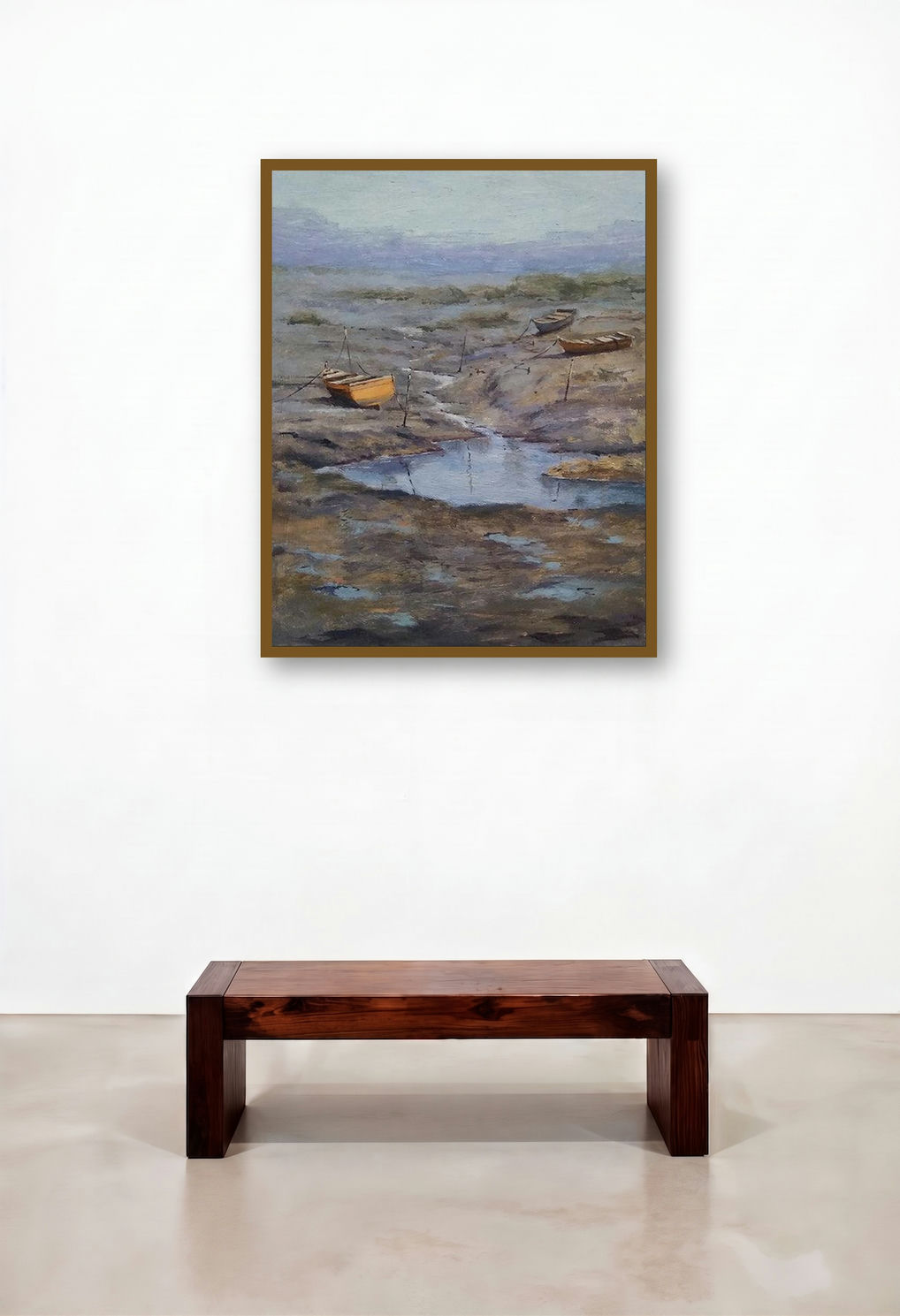 Boat 5 (Peaceful Estuary) by artist Uday Farat displayed in a Rustic Home Office