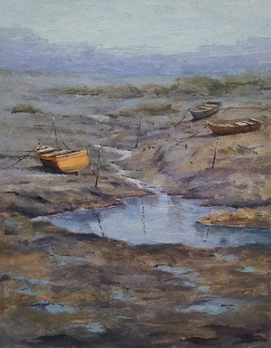 Boat 5 (Peaceful Estuary) by Uday Farat, Original Oil Seascape Painting on Mount Board, Small Vertical Wall Art