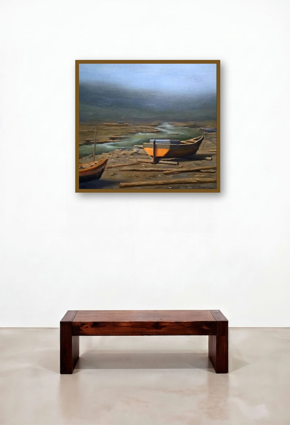 Boat 6 (Tranquil Waters) by artist Uday Farat displayed in a Rustic Hotel Lobby