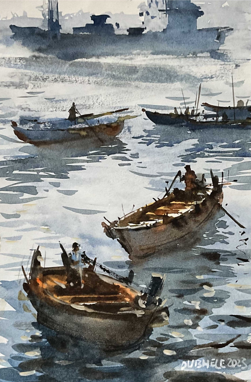Boat 7' seascape watercolor painting by artist Amol Dubhele, 18x15 inch, on paper