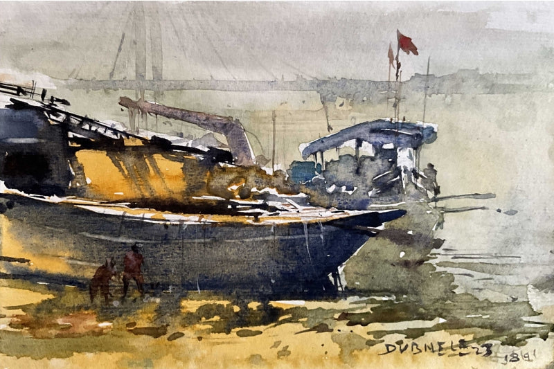 Boat 8' seascape watercolor painting by artist Amol Dubhele, 12x14 inch, on paper