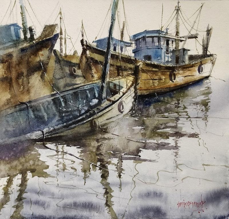 Landscape watercolor painting titled 'Boat', 14x14 inches, by artist Sanjay Dhawale on Paper