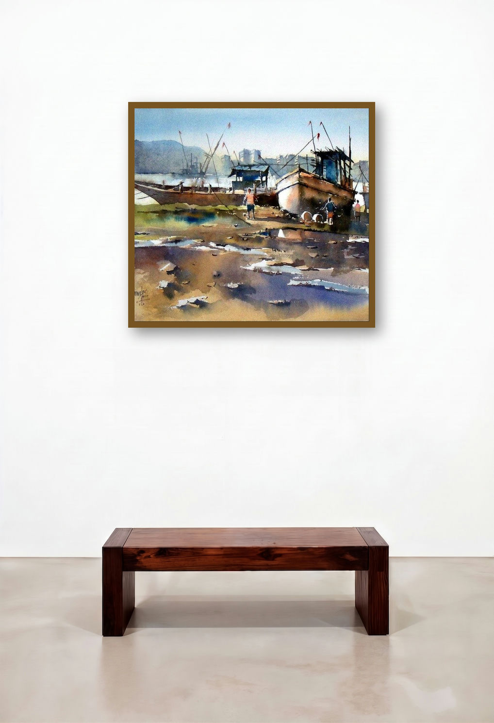 Boat At Retibandar (Reti Bunder Rhapsody: Boats in Harmony) by artist Sanjay Dhawale displayed in a Boutique Hotel Style Home Office