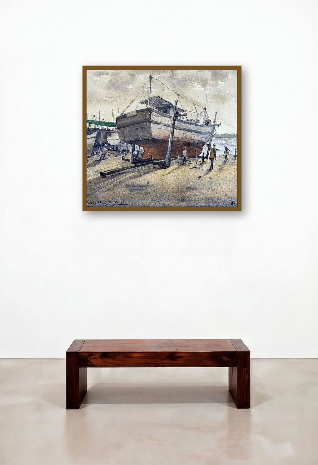 Boat Construction Mangalore India (Shipyard Scene) by artist Ks Farvez displayed in a Eclectic Living Room