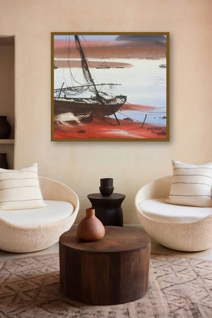 Boat On Sea Shore (Worn Out) by artist Ganesh Hire displayed in a Curated gallery