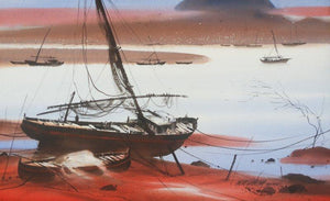 Boat On Sea Shore (Worn Out) by Ganesh Hire, Original Watercolor Nature Painting on Paper, Medium Horizontal Wall Art