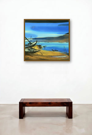 Boat On The Sea Shore 2 (Starry Night on the Shore) by artist Ganesh Hire displayed in a Traditional Executive Office
