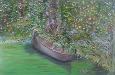 Seascape oil painting titled 'Boat Series5', 12x18 inches, by artist Vidya Lakshmi on Canvas