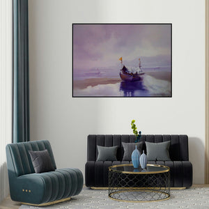 Narayan Shelke's 'Boat On The Shore I (Shore Leave: A Boats Rest)' painting visualized above a sofa in a contemporary room.