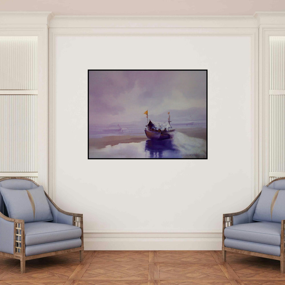 'Boat On The Shore I (Shore Leave: A Boats Rest)' painting by Narayan Shelke shown on a wall in a furnished room.