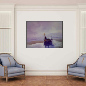 'Boat On The Shore I (Shore Leave: A Boats Rest)' painting by Narayan Shelke shown on a wall in a furnished room.