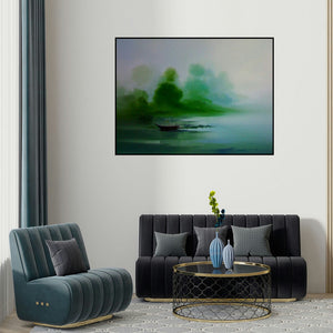 Narayan Shelke's 'Boat On The Shore Ii (Emerald Embrace: A Boats Haven)' painting visualized above a sofa in a contemporary room.