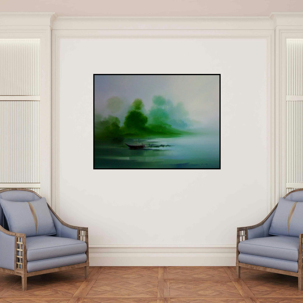 'Boat On The Shore Ii (Emerald Embrace: A Boats Haven)' painting by Narayan Shelke shown on a wall in a furnished room.