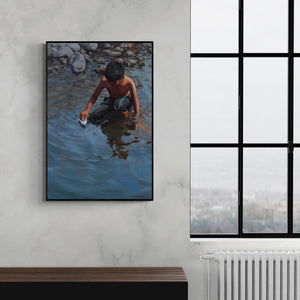 Preview of 'Paper Boat' Painting by Manoj Deshmukh shown on a wall in a furnished room.