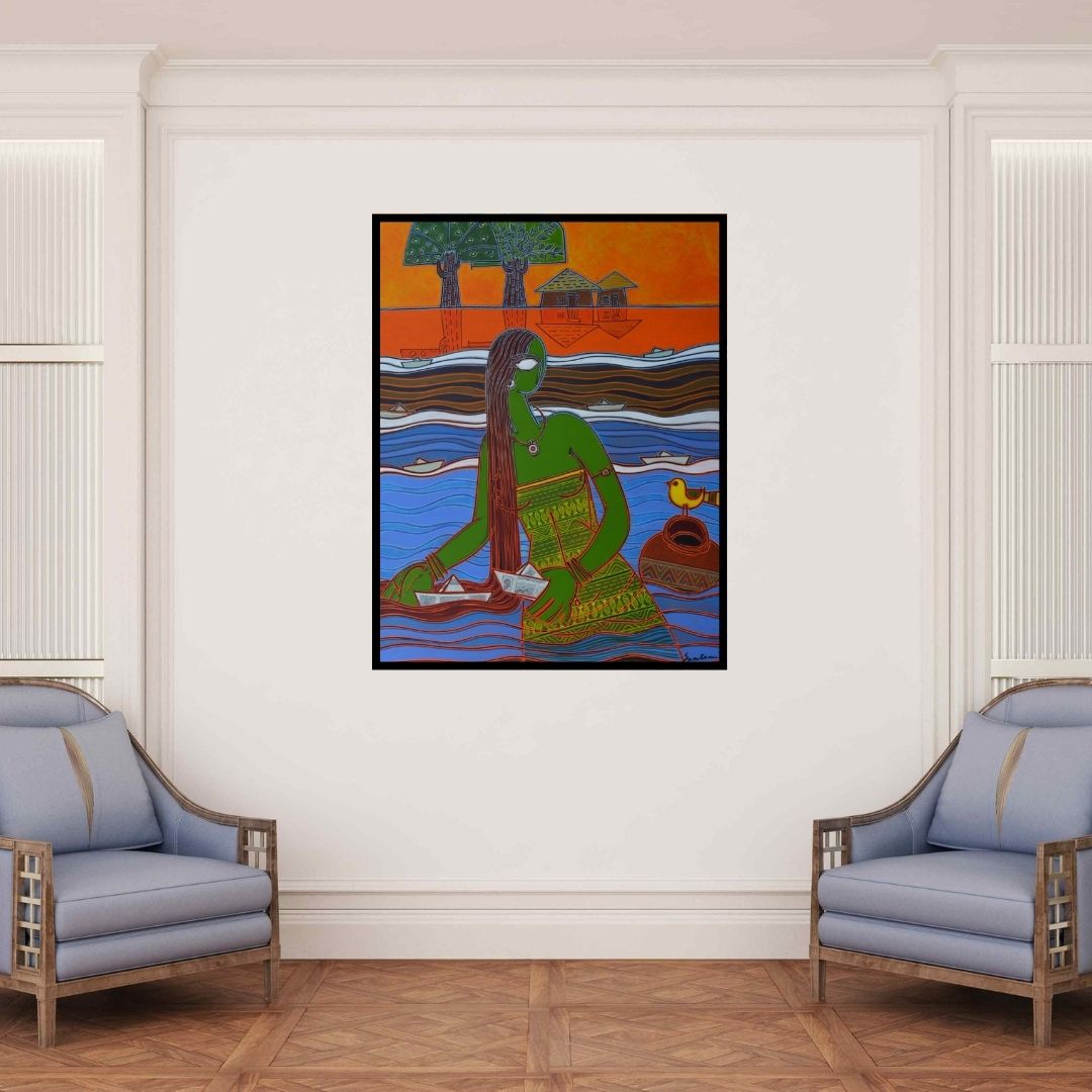 In-situ view of Santanu Nandan Dinda's 'Boats (Floating Dreams)' painting in a room