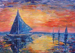 Boats (Crimson Tide) by Kiran Bableshwar, Original Oil Seascape Painting on Canvas, Small Horizontal Wall Art