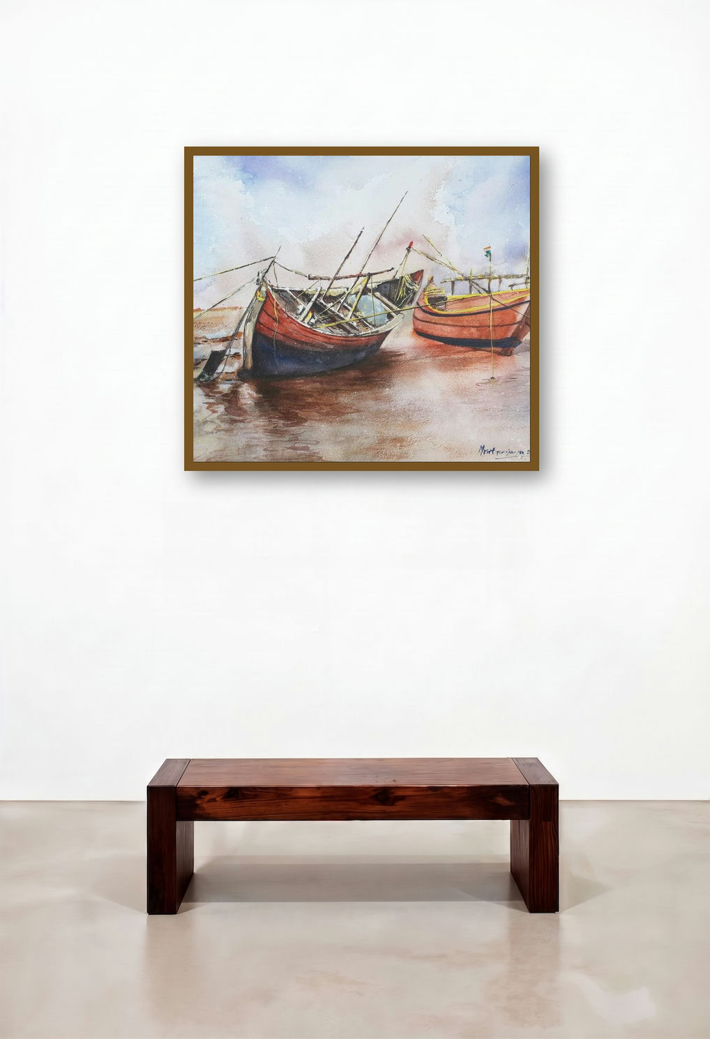 Boats At Rest (Tide's End) by artist Mrutyunjaya Dash displayed in a Boutique Hotel Style Bedroom