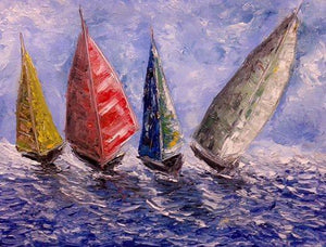 Boats On A Rough Sea (Sailing the Blue) by Kiran Bableshwar, Original Oil Seascape Painting on Canvas, Small Horizontal Wall Art