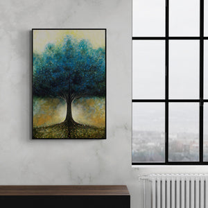 Preview of 'Bodhi' Painting by Seby Augustine shown on a wall in a furnished room.