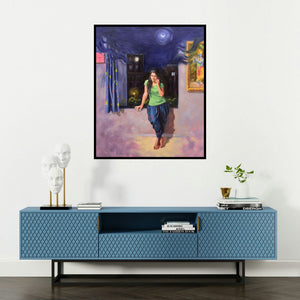 Swapniil Paatil's 'Bol Radha' painting visualized above a sofa in a contemporary room.