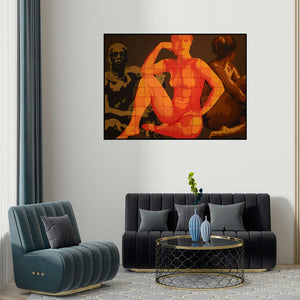 Sonaly Gandhi's 'Bold And Beautiful' painting visualized above a sofa in a contemporary room.