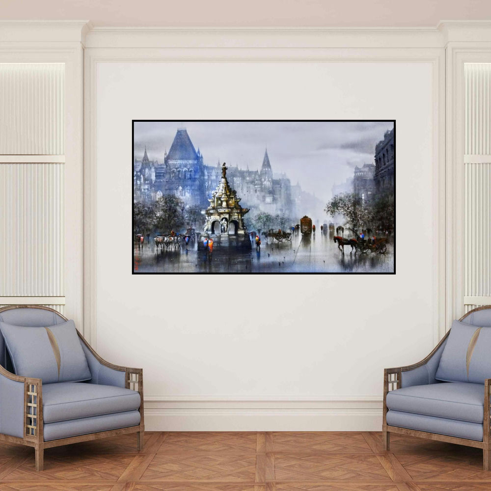 'Bombay' painting by Ashif Hossain shown on a wall in a furnished room.